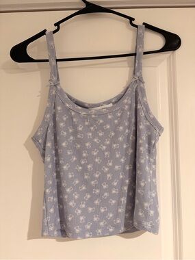 Pink Rose Light Blue Floral Ribbed Camisole